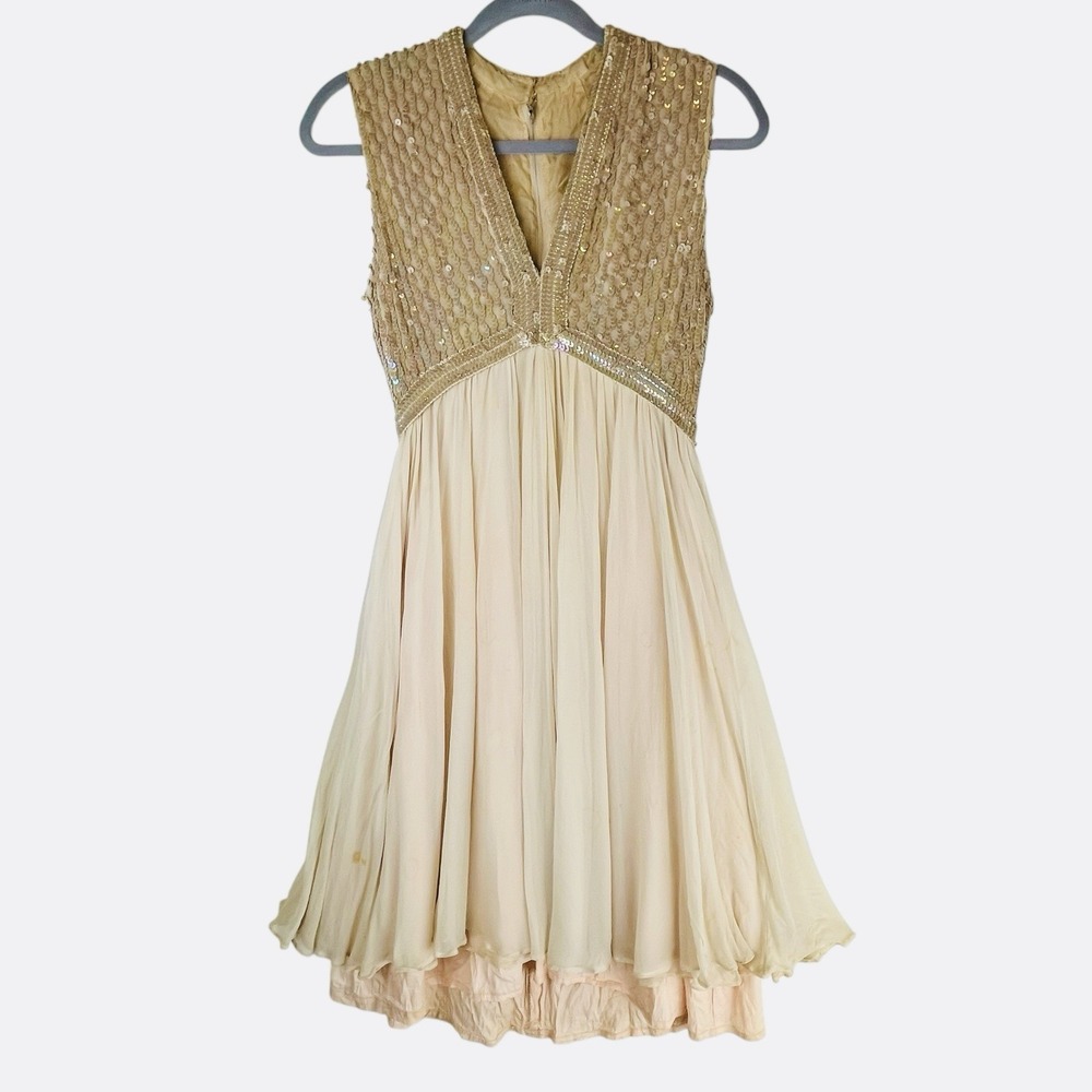 Vintage 50s Fred Perlberg Chiffon Party Dress Sequin Sleeveless Beige Nude XS